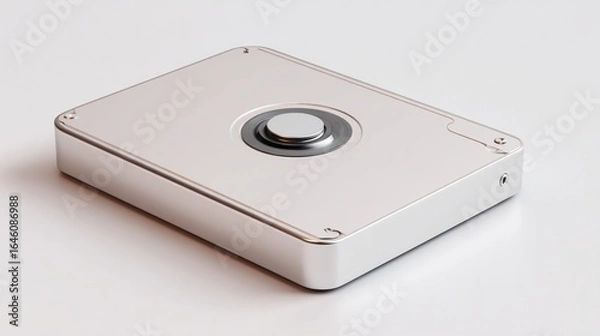 Fototapeta Silver electronic device on white surface, showing a button, suitable for product photography