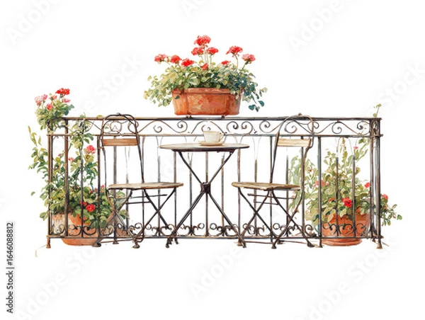 Fototapeta Romantic watercolor illustration of a wrought iron balcony with a bistro set potted red geraniums and a single coffee cup.