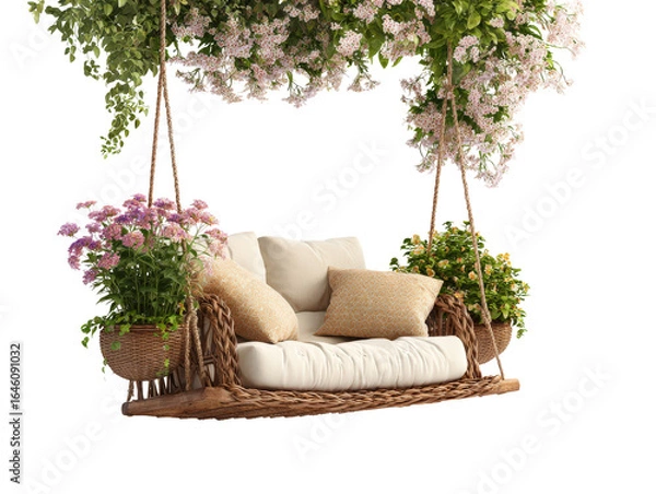 Fototapeta Romantic woven rattan hanging swing loveseat with soft cream cushions patterned pillows and lush flowering plants.