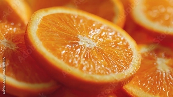 Fototapeta Sliced juicy orange close up for vitamins, freshness, background with other slices, healthy eating
