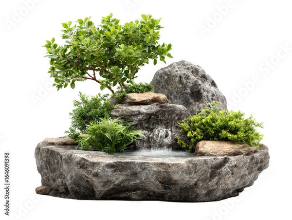Fototapeta Miniature rock garden fountain with a bonsai-style tree lush plants and a cascading waterfall.