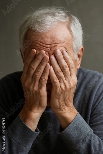 Obraz Uomo anziano con capelli bianchi che si copre il viso con le mani.