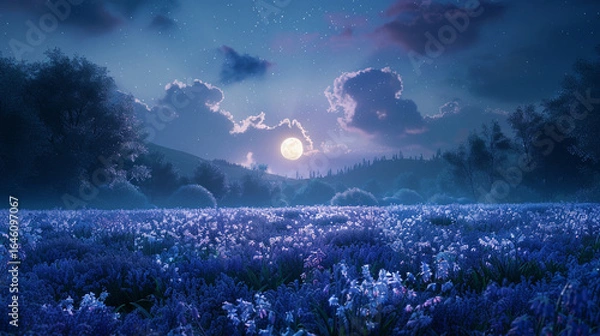 Fototapeta Moonlight casting shadows on a field of bluebells