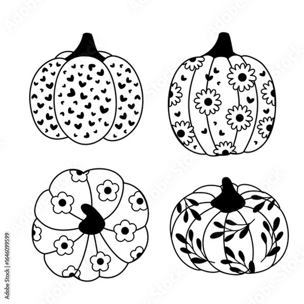 Fototapeta set of outline retro groovy  pumpkins