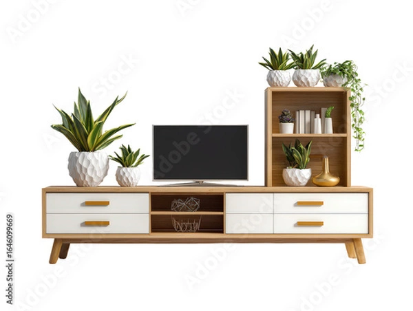 Fototapeta Modern wooden TV stand with white drawers shelving television and decorative houseplants.