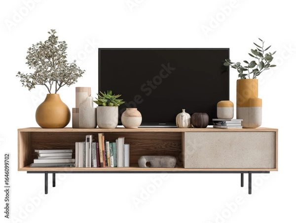 Fototapeta Modern wooden media console with a TV ceramic vases plants and decorative books.