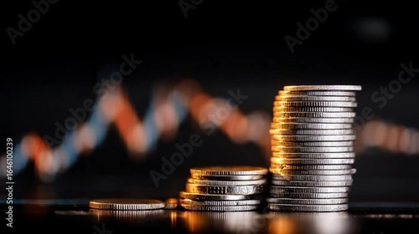 Fototapeta Stacked coins increasing in size showing growth, with stock market chart blurred in background, financial analysis use