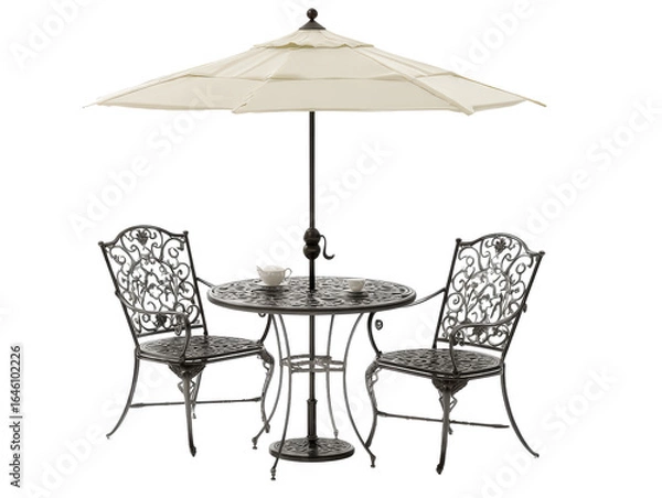 Obraz Ornate cast aluminum patio bistro set with two chairs a round table and a large cream umbrella for outdoor dining.