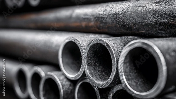 Fototapeta Steel pipes stacked in a warehouse, industrial storage, selective focus, metallic texture