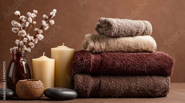 Fototapeta Still life composition, warm-toned spa elements with towels, candles, and stones.