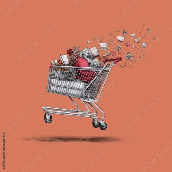 Fototapeta An illustration of a shopping cart overflowing with  gifts, flowers, and festive items, set against a warm coral background. 