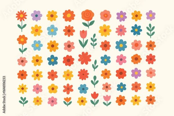 Fototapeta Vibrant collection of hand drawn spring wildflowers delicate leaf branches and lush foliage presented on a clean white background for versatile decorative use