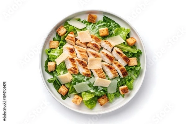 Fototapeta Delicious grilled chicken caesar salad with shaved parmesan cheese and croutons served on a white oval plate
