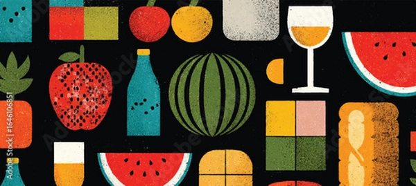 Fototapeta Graphic Fruit and Food Pattern Illustration with Apples Watermelon Wine and Other Treats Summer Vibes in a Modern Design