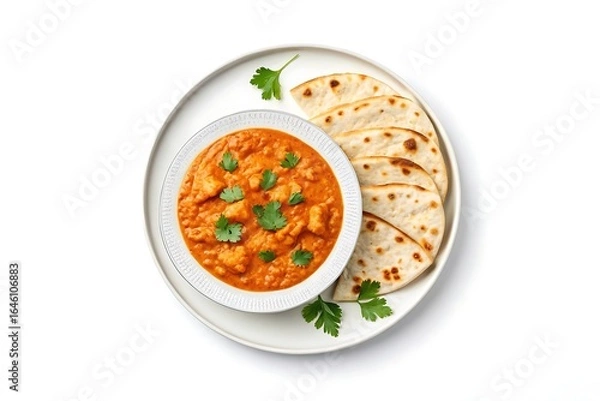 Fototapeta Delicious indian chickpea curry served with warm flatbread and fresh cilantro garnish top view