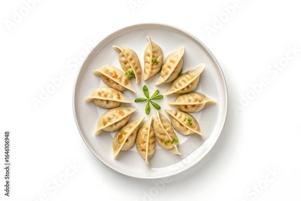 Fototapeta Deliciously arranged golden brown pan fried dumplings presented in a circular pattern on a white plate