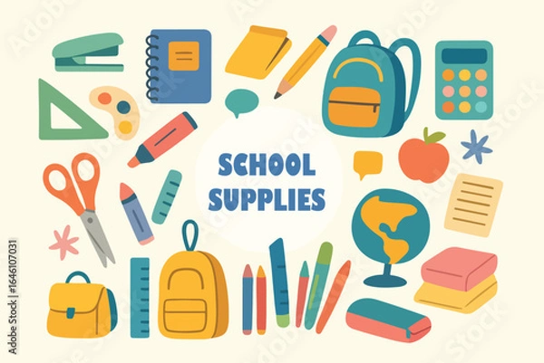 Fototapeta Charming hand drawn collection of school supplies and educational elements perfect for children s stickers and back to school decorations