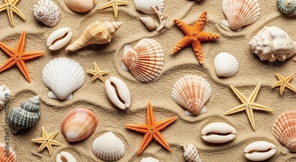 Fototapeta Seashells and starfish on sand beach background summer vacation concept top view flat lay perfect for design background