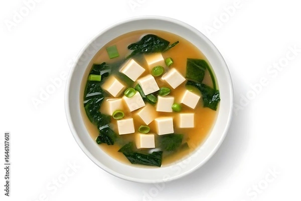 Fototapeta Top view of a delicious bowl of traditional japanese miso soup with tofu and seaweed