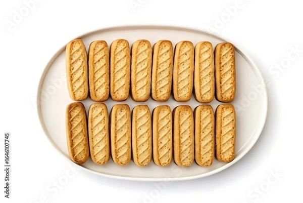 Fototapeta A top down view of a white plate filled with golden brown crispy breadsticks arranged in neat rows