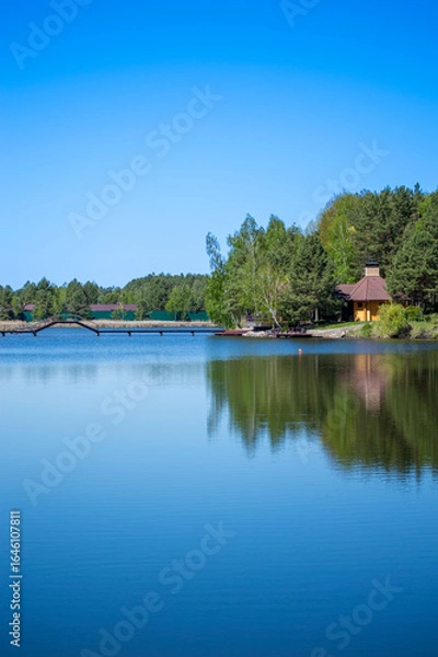 Fototapeta Picturesque views unfold over the Dnieper River from Sukholuchchya Park in Ukraine, showcasing serene landscapes and lush greenery.