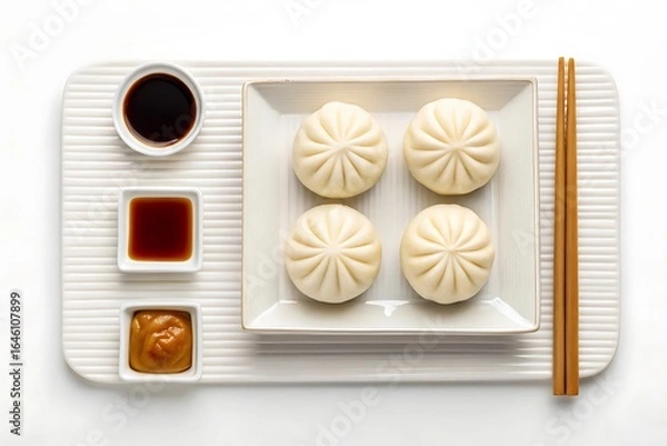 Fototapeta Delicious steamed bao buns served with soy sauce and dipping sauces on a white tray with chopsticks