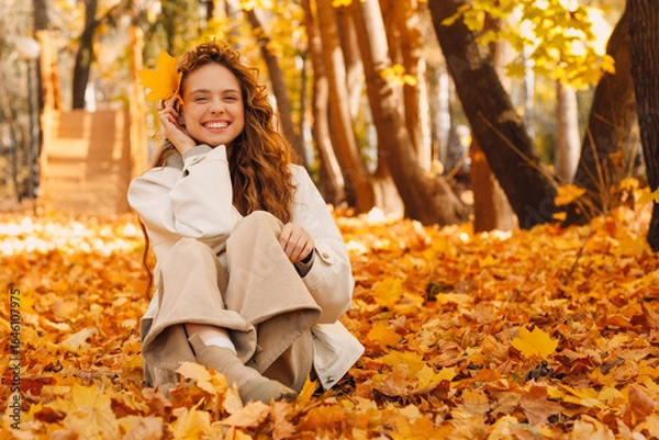 Fototapeta Smiling young woman sits in the autumn foliage on the ground of the forest with the yellow leaves