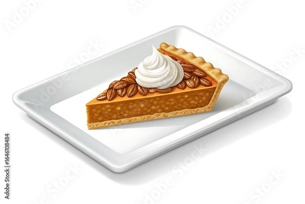 Fototapeta A delicious slice of pumpkin pie topped with whipped cream served on a white rectangular plate
