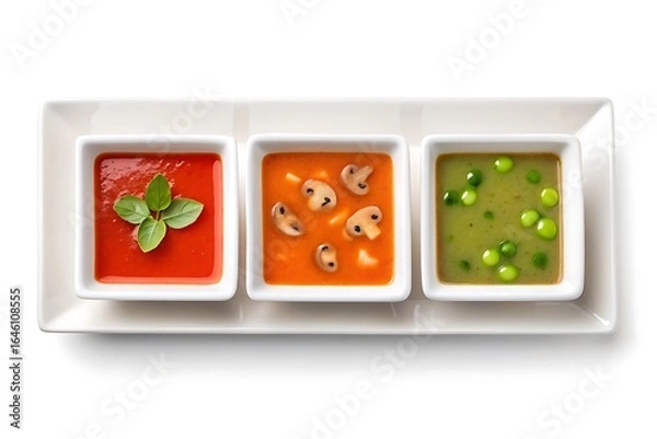 Fototapeta Three colorful and delicious gourmet soups served in white square bowls on a white rectangular platter