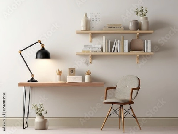Fototapeta Minimalist Scandinavian Workspace with Floating Desk and Curated Shelves.
