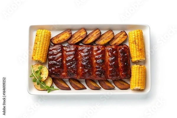Fototapeta Delicious bbq pork ribs served with golden corn on the cob and roasted potato wedges on a white platter
