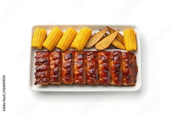 Fototapeta Deliciously grilled barbecue pork ribs served with sweet corn on the cob and potato wedges on a white platter