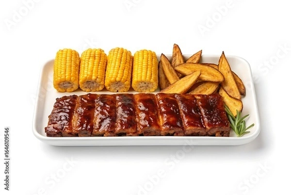 Fototapeta Delicious bbq pork ribs with corn on the cob and seasoned potato wedges served on a white platter