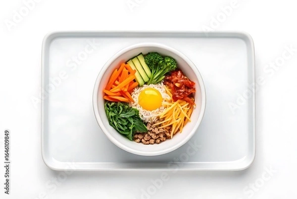 Fototapeta Vibrant korean bibimbap with a perfectly fried egg in the center served on a white tray
