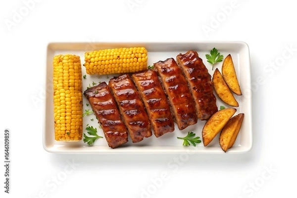 Fototapeta Delicious grilled pork ribs served with sweet corn on the cob and golden potato wedges on a white platter