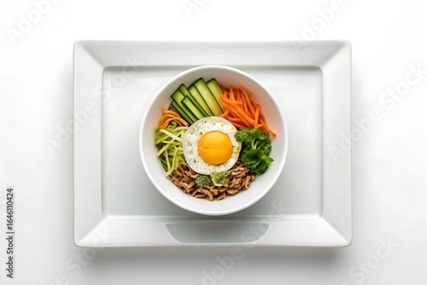 Fototapeta Overhead view of a vibrant and colorful korean bibimbap served in a white bowl on a white square plate