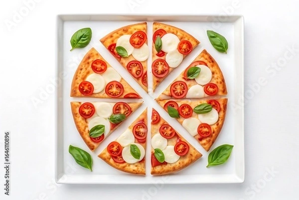 Fototapeta Delicious margherita pizza sliced and arranged on a white square plate with fresh basil leaves
