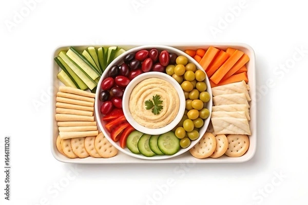 Fototapeta Colorful and healthy vegetable crudit s platter with hummus and crackers for a delicious appetizer