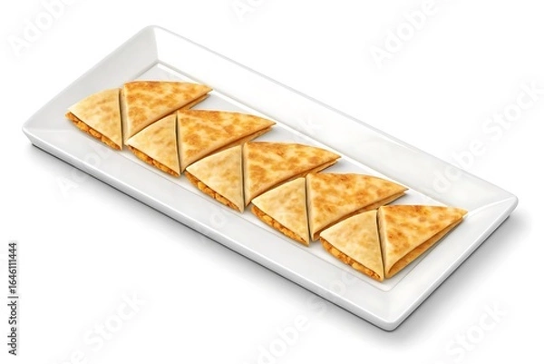 Fototapeta Crispy golden brown quesadilla triangles arranged neatly on a white rectangular serving platter