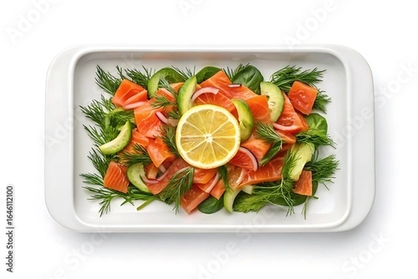 Fototapeta Fresh smoked salmon salad with avocado cucumber dill and lemon slice in white dish