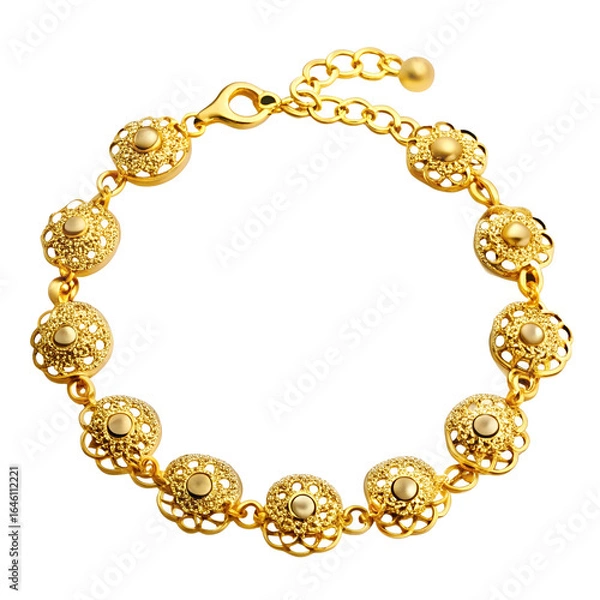 Fototapeta An elegant gold bracelet with intricate floral patterns, isolated on white background