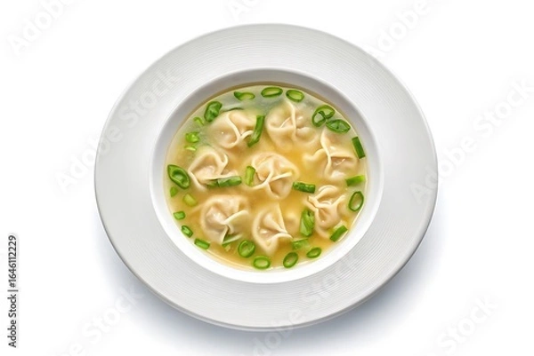 Fototapeta Delicious bowl of wonton soup with green onions and broth served in a white plate from above
