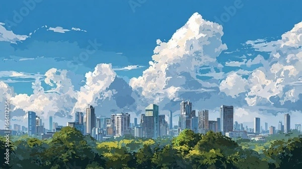 Fototapeta Urban skyline illustration with clouds, sunlight, and trees in the foreground, for travel projects