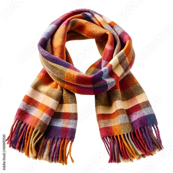 Fototapeta Warm plaid woolen scarf with fringe isolated on white background