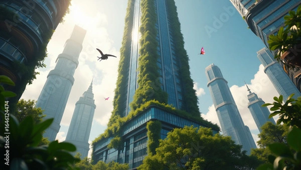 Fototapeta Cyber Vertical Garden — ecological skyscraper with mechanical vines and watering drones, ideal for sustainable city projects, futuristic concept art, or green innovation advertising.