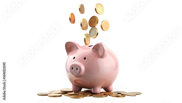 Fototapeta Pink piggy bank with falling gold coins isolated on transparent background, representing savings and financial investment