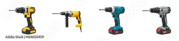 Fototapeta Power drill comparison workshop equipment showcase indoor tool efficiency. Set cut out PNG
