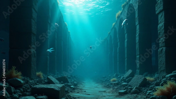 Fototapeta Submerged Tech Ruins — sunken futurist city draped in digital corals and corroded structures, ideal for aquatic RPG worldbuilding, dystopian concept art, or ecological collapse themes.
