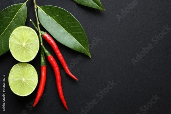 Fototapeta Lime slices and chili peppers arranged on a dark background.