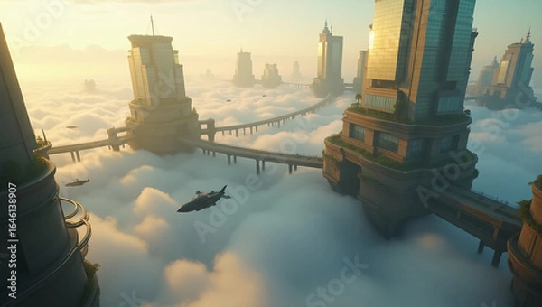 Fototapeta Cloudborne Cities — floating metropolises with crystalline architecture and sky bridges, ideal for sci-fi concept art, utopian urbanism projects, or high-tech fantasy game settings.